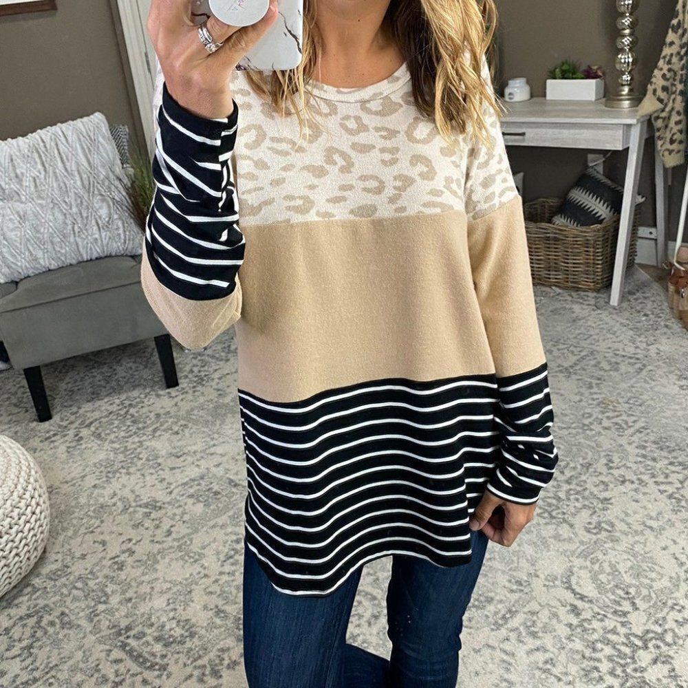 Apricot Leopard and‎ Stripe Color Block Long Sleeve